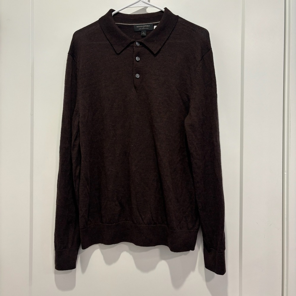 Banana Republic Mens Merino Wool Long Sleeve Polo Sweater Brown Large L Knit